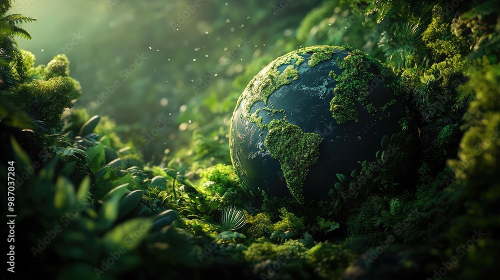 A lush planet Earth teeming with plants and greenery, representing a vision of environmental harmony and health A lush planet Earth teeming with plants and greenery, representing a vision of environmental harmony and health