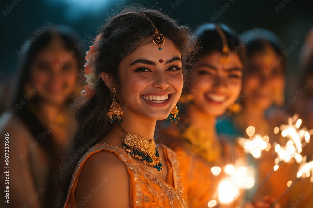 Fototapeta premium A young woman smiling brightly, holding sparklers with friends in the background, celebrating Diwali
