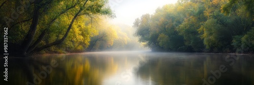  A body of water surrounded by trees with fog enshrouding its surface in the middle