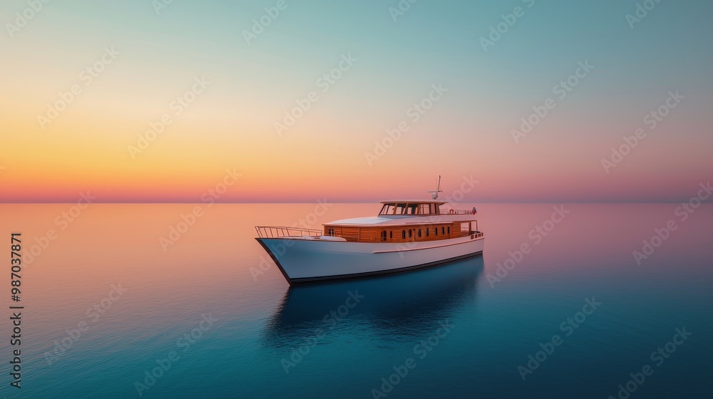 A serene boat floats on calm waters, framed by a stunning sunset, creating a peaceful and picturesque seascape. A serene boat floats on calm waters, framed by a stunning sunset, creating a peaceful and picturesque seascape.