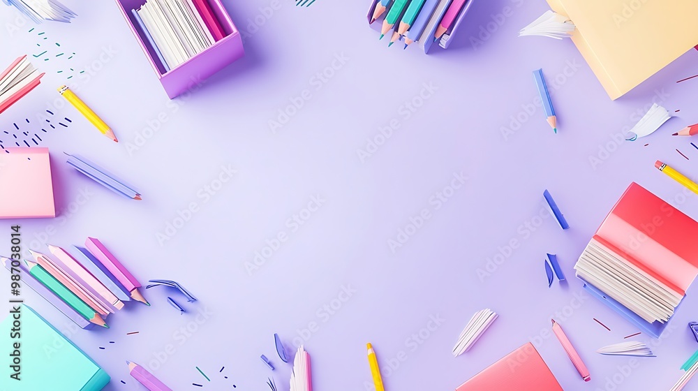 A flat lay of colorful school supplies on a purple background, including pencils, notebooks, and other stationery. A flat lay of colorful school supplies on a purple background, including pencils, notebooks, and other stationery.