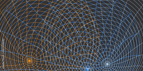 Spiral Network Grid: Convergence of Lines and Light. A Complex, Spiraling Circular Dynamic Network Design of Intersecting Blue and Brown Lines on a Dark Background
