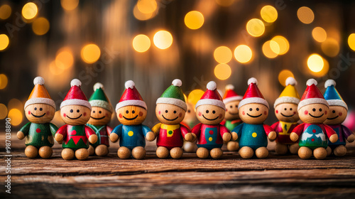 A charming display of colorful wooden elves, adorned with festive hats, set against a warm, twinkling backdrop of holiday lights.