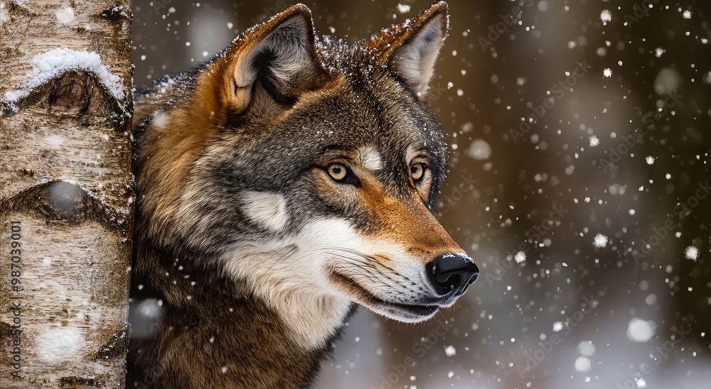 A wolf peeking out from behind a tree in the snow A wolf peeking out from behind a tree in the snow
