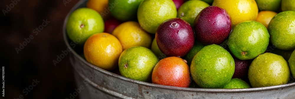 A close-up of a brimming bucket filled with an abundance of fruit at its base A close-up of a brimming bucket filled with an abundance of fruit at its base