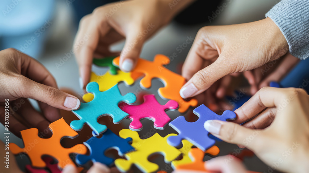 A group of hands assembling colorful puzzle pieces, highlighting collaboration and teamwork in a vibrant setting. A group of hands assembling colorful puzzle pieces, highlighting collaboration and teamwork in a vibrant setting.