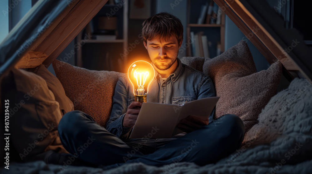 A cozy scene of a man reading a paper while holding a glowing light bulb, nestled among plush cushions in a dim-lit environment. A cozy scene of a man reading a paper while holding a glowing light bulb, nestled among plush cushions in a dim-lit environment.