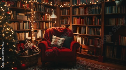 Christmas Study with Old Books and a Cozy Armchair