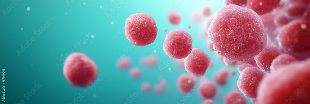 A group of red blood cells float in a bluish liquid, dotted with drops of blood against a blue background A group of red blood cells float in a bluish liquid, dotted with drops of blood against a blue background