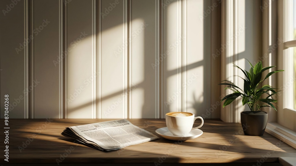 A serene scene featuring a cup of coffee, newspaper, and plant bathed in soft natural light against a cozy backdrop. A serene scene featuring a cup of coffee, newspaper, and plant bathed in soft natural light against a cozy backdrop.