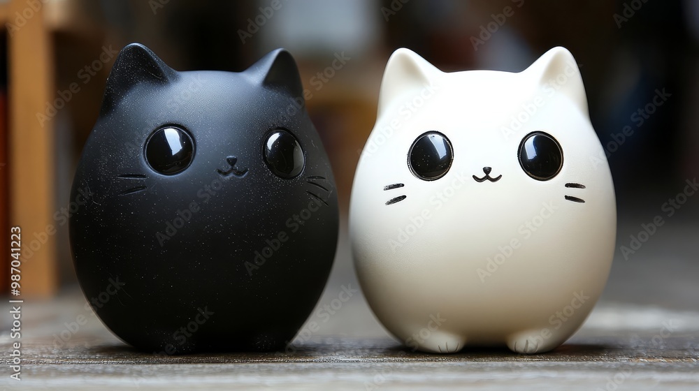 Adorable black and white cat figurines with large eyes and cute expressions placed close together on a blurred background. Adorable black and white cat figurines with large eyes and cute expressions placed close together on a blurred background.