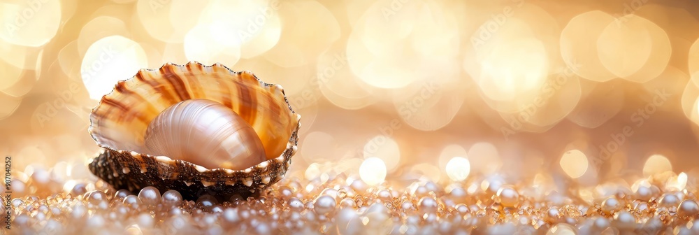 A tight shot of a seashell atop sand, surrounded by lights in the background A tight shot of a seashell atop sand, surrounded by lights in the background