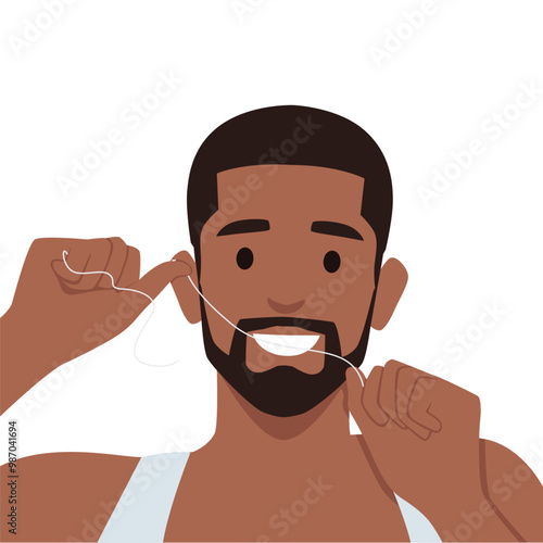 Young bearded man brushes teeth with dental floss. Flat vector illustration isolated on white background