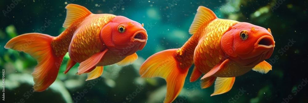 A few goldfish swim side by side in a spacious aquarium, lush with green plants and harmless algae A few goldfish swim side by side in a spacious aquarium, lush with green plants and harmless algae