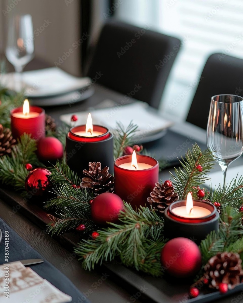 A beautifully decorated holiday table setting with red candles, ornaments, and pine, creating a warm festive atmosphere. A beautifully decorated holiday table setting with red candles, ornaments, and pine, creating a warm festive atmosphere.
