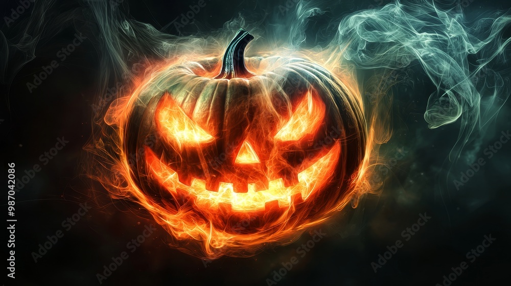 A glowing jack-o'-lantern with a menacing grin surrounded by wisps of smoke, embodying the spirit of Halloween night. A glowing jack-o'-lantern with a menacing grin surrounded by wisps of smoke, embodying the spirit of Halloween night.