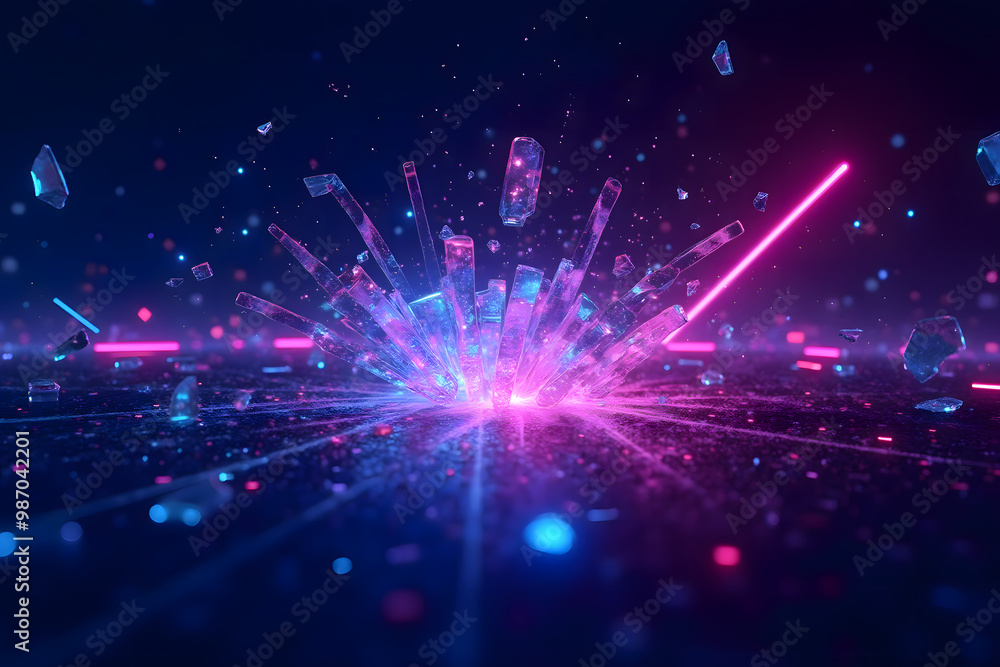 Naklejka premium A vibrant neon crystal explosion showcasing futuristic energy and dynamic particle effects