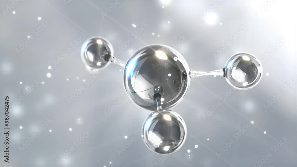 A spherical molecular structure with transparent spheres, radiating light, depicting the concept of atoms and chemical bonds.