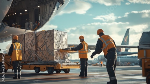 Airport ground crew loading cargo into an airplane, ensuring safe and efficient transportation logistics in the aviation industry.