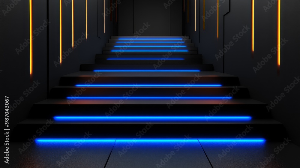 Futuristic staircase with vibrant blue lights and sleek dark walls, creating a modern and stylish ambiance. Futuristic staircase with vibrant blue lights and sleek dark walls, creating a modern and stylish ambiance.