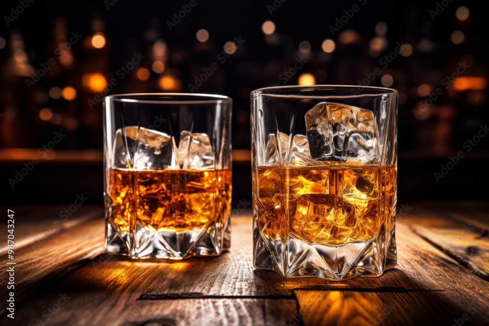 Elegant Whiskey Glasses with Ice on Wooden Table Elegant Whiskey Glasses with Ice on Wooden Table