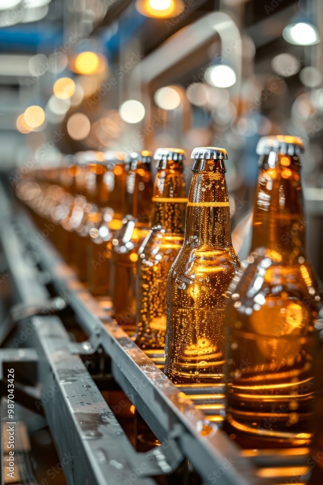 Close-up View of Beer Bottles on Production Line in Brewery Close-up View of Beer Bottles on Production Line in Brewery
