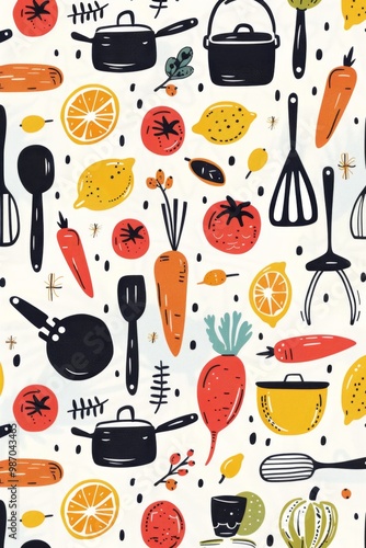 Colorful Kitchen Utensils and Fresh Vegetables Pattern Design photo