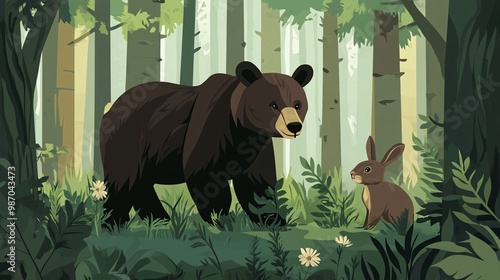 Bear and rabbit in a forest setting photo