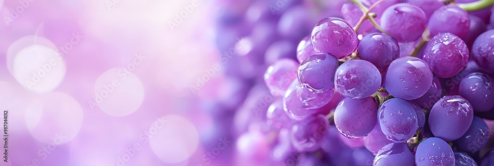 A tight shot of grapes bunched on a vine, with dewdrops glistening on the foliage and an indistinct backdrop A tight shot of grapes bunched on a vine, with dewdrops glistening on the foliage and an indistinct backdrop