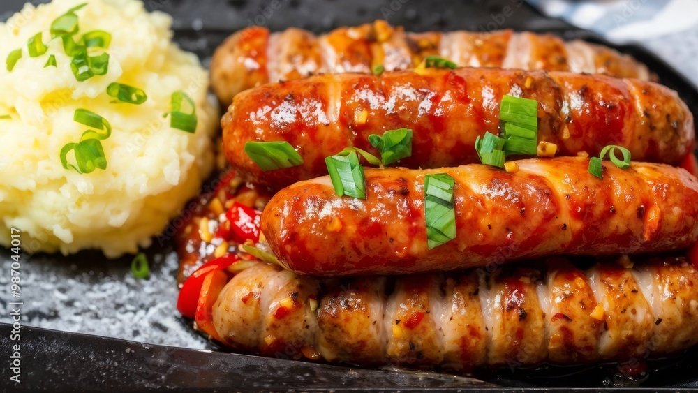Rustic Italian sausage with pepper and onion and mashed potatoes with garlic on a black plate. Rustic Italian sausage with pepper and onion and mashed potatoes with garlic on a black plate.