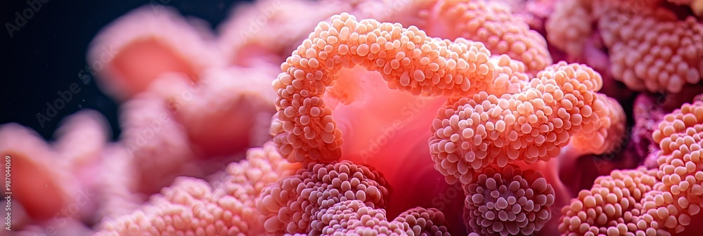 A tight shot of a pink-and-white sea anemone featuring a heart-shaped orifice in its core A tight shot of a pink-and-white sea anemone featuring a heart-shaped orifice in its core