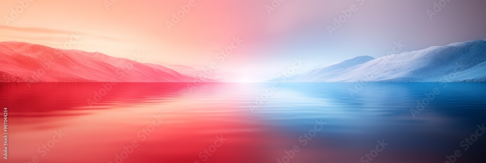 A scene of a sizeable water body with a mountain range as its backdrop and a red-blue gradient sky in the foreground A scene of a sizeable water body with a mountain range as its backdrop and a red-blue gradient sky in the foreground