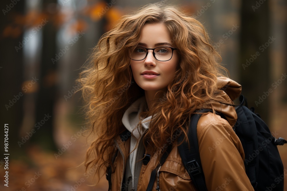 Obraz premium Young Woman with Glasses in a Forest Setting