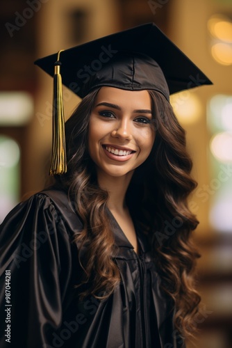 Smiling Female Graduate in Cap and Gown Indoors