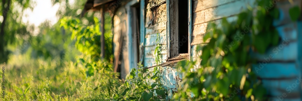 An old, rundown building sits in the middle of a field, surrounded by tall grass The side of the building is also covered in tall grass An old, rundown building sits in the middle of a field, surrounded by tall grass The side of the building is also covered in tall grass
