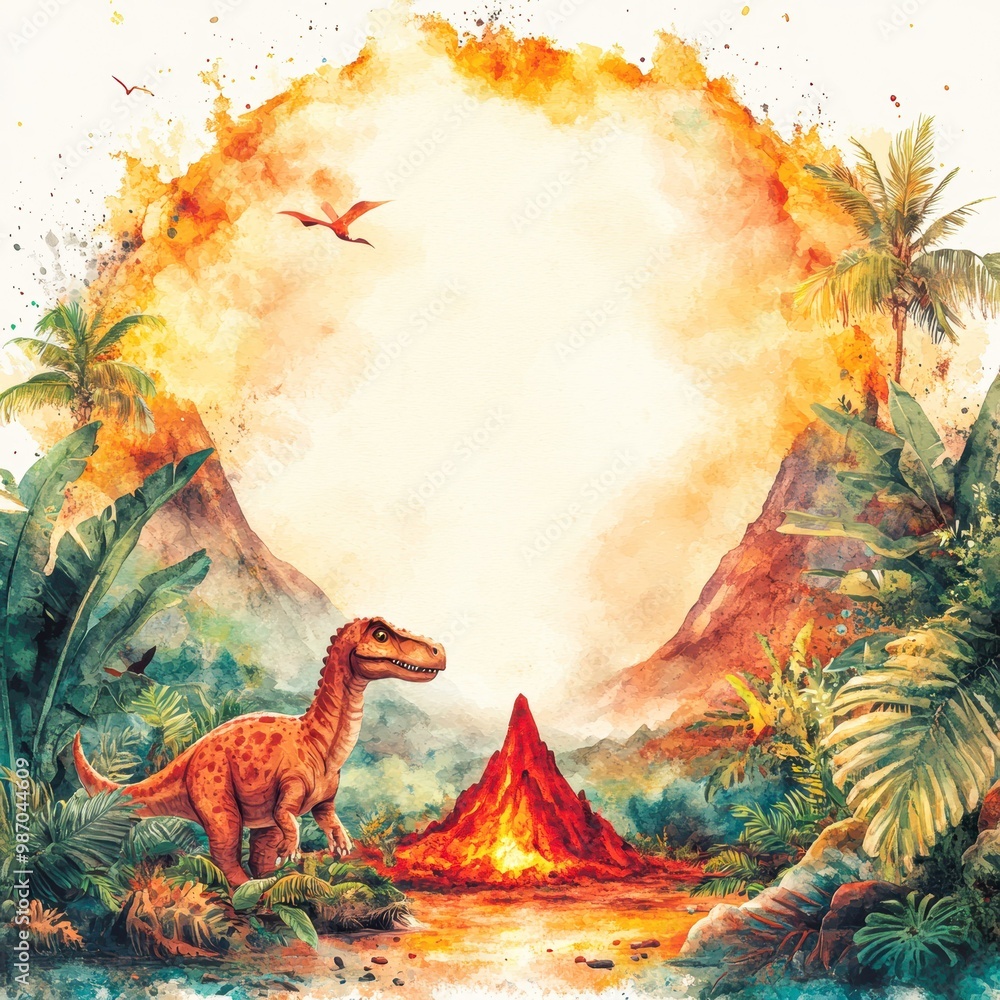Obraz premium Vivid illustration of a dinosaur in a prehistoric jungle with a volcano erupting in the background, ideal for children's educational content, adventure themes, and creative projects,