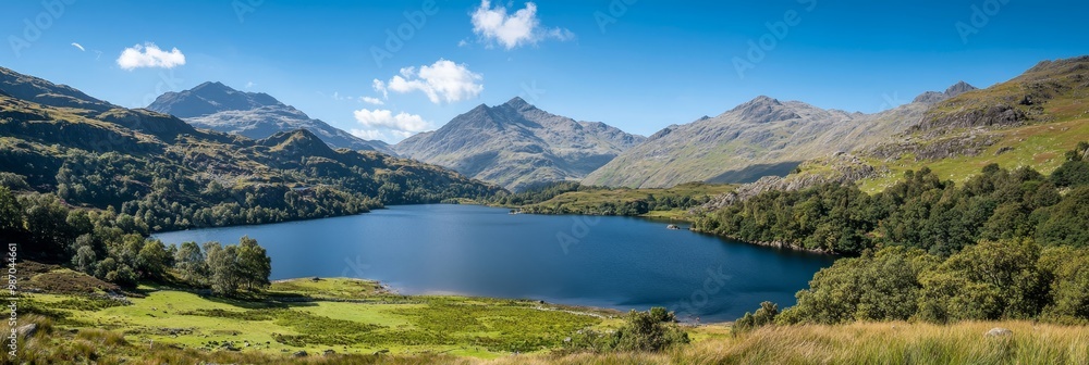 Obraz premium A lush green valley encloses a lake, encircled by mountains and ringed with grass and trees
