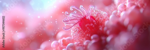  A pink flower, closely framed, with dewdrops glistening on its petals, against a backdrop of a tranquil blue sky