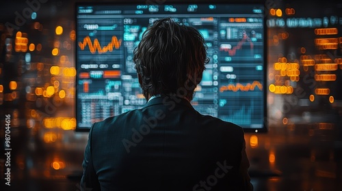 Businessman analyzing financial data on multiple screens in a modern office. Financial technology concept with graphs and charts.