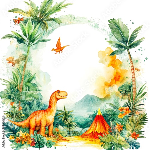 A vibrant illustration picture features a smiling dinosaur amidst lush tropical foliage and an erupting volcano ideal for children's books, educational materials, and themed party invitations, photo