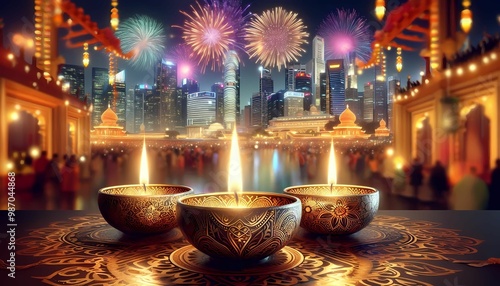 A golden diya reflecting the light of a cityscape with fireworks in the background.