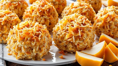 Bacon Ranch cheese balls with sauce and herbs. photo