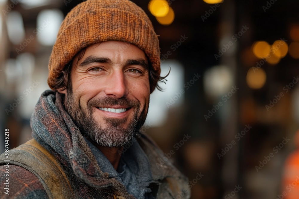 Winter Portrait of a Smiling Man with Beanie in Urban Setting Winter Portrait of a Smiling Man with Beanie in Urban Setting