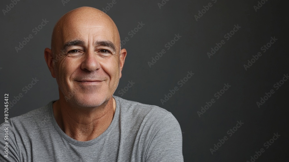 Confident bald middle-aged man smiling in grey t-shirt against dark background Confident bald middle-aged man smiling in grey t-shirt against dark background