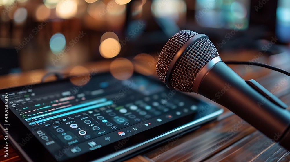 Obraz premium An advanced podcast microphone placed next to a tablet with stylus highlighting the essentials for digital art and audio recording in a tech-driven environment