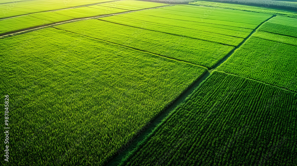 Lush green rice fields stretch across landscape, showcasing beauty of nature from drones perspective. vibrant colors and patterns create serene and peaceful atmosphere Lush green rice fields stretch across landscape, showcasing beauty of nature from drones perspective. vibrant colors and patterns create serene and peaceful atmosphere