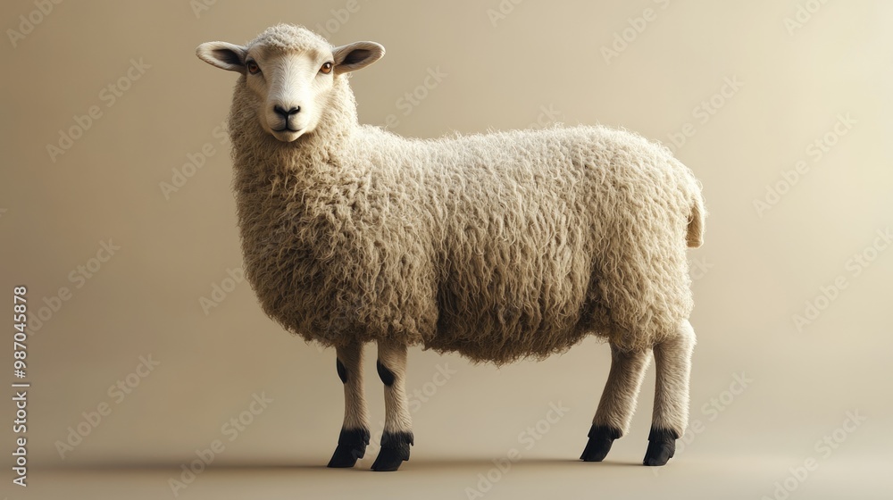 Fototapeta premium A white sheep standing on a light brown background.