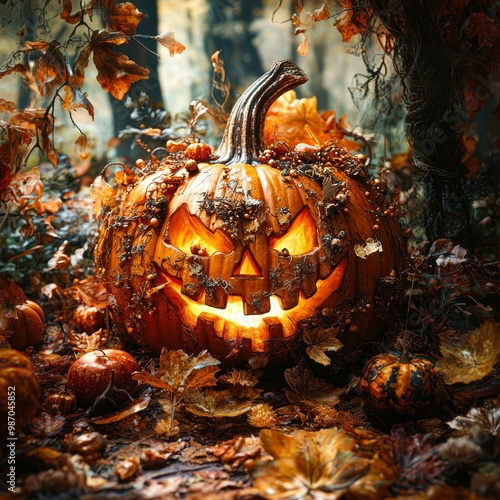 A carved Jack-O'-Lantern surrounded by autumn leaves and vines, glowing in a dark, wooded setting, representing Halloween festivities, Ideal for seasonal decorations, party invitations photo