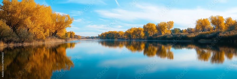 A body of water enclosed by trees sporting yellow leaves; above, a blue sky dotted with wispy clouds A body of water enclosed by trees sporting yellow leaves; above, a blue sky dotted with wispy clouds