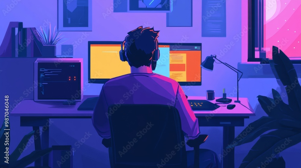 Professional Programmer Working at Home Office Desk Professional Programmer Working at Home Office Desk